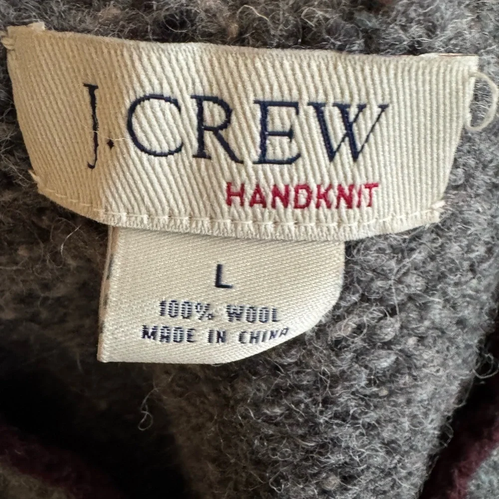 J.Crew Handknit 100% Wool V-Neck Sweater L Gray Fair Isle Sleeve Trim